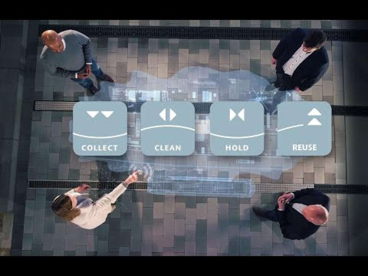Vier Personen stehen um einen digitalen Tisch herum, auf dem vier Symbole mit der Aufschrift: Sammeln, Reinigen, Aufbewahren und Wiederverwenden, die die einzelnen Phasen eines Prozesses darstellen. Die Umgebung ist modern und hat einen gefliesten Boden.