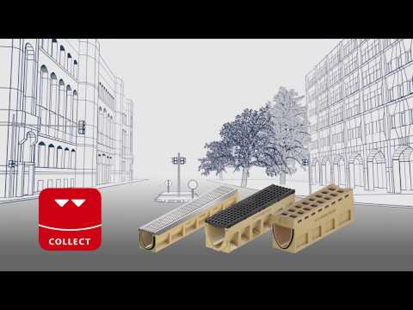 Vor einer skizzierten Stadtstraße mit Bäumen sind drei Arten von Entwässerungsrinnen zu sehen. Auf der linken Seite des Bildes ist ein rotes Symbol mit der Aufschrift „COLLECT“ zu sehen.