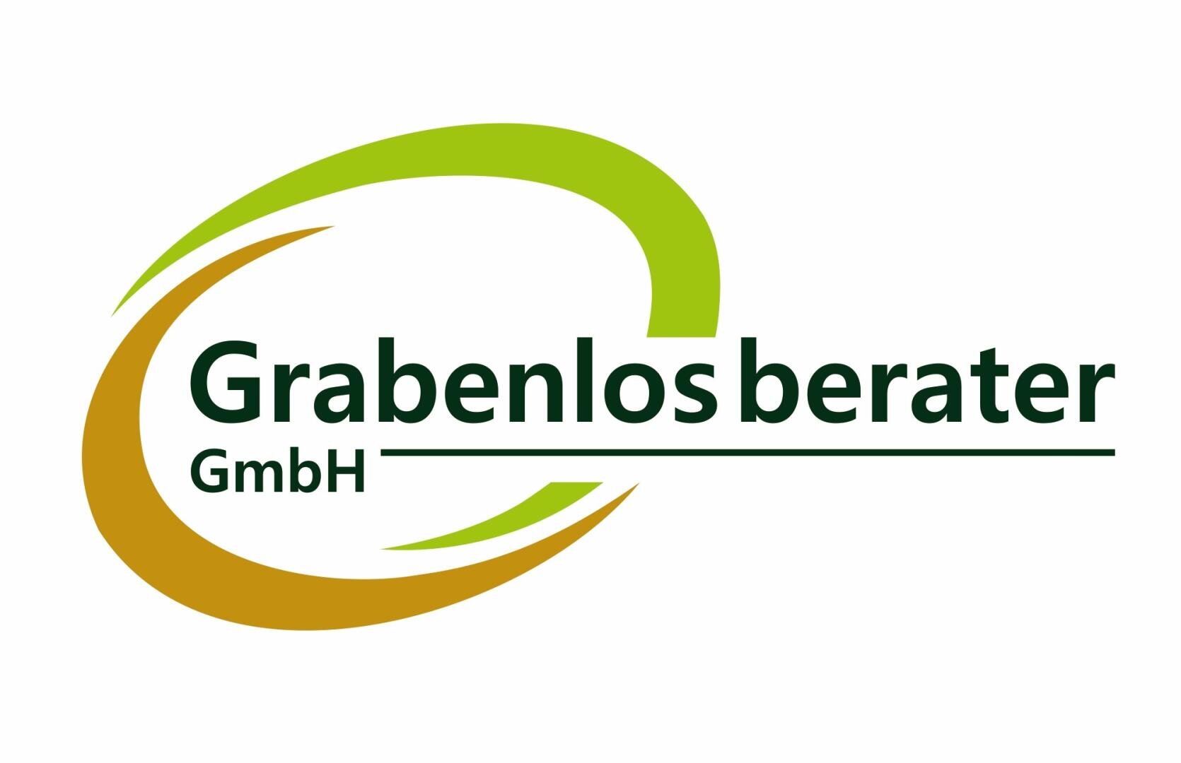 Logo für die Grabenlosberater GmbH mit fetter grüner Schrift und einer horizontalen Linie. Um den Text herum sind zwei Swoosh-Formen, eine grüne und eine braune, die ein teilweises Oval auf weißem Hintergrund bilden.