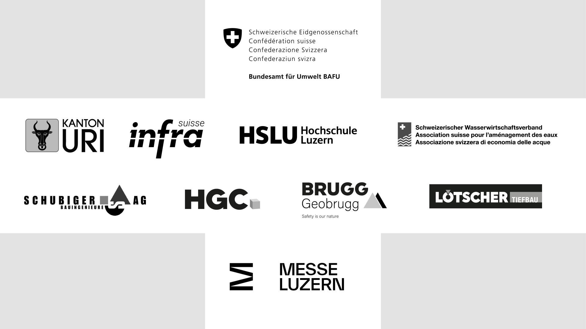 Ein Raster aus elf schwarz-weißen Schweizer Organisationslogos, darunter Bundesamt für Umwelt, Kanton Uri, HSLU Hochschule Luzern, infra suisse, HGC, Messe Luzern und andere auf weißem Hintergrund.