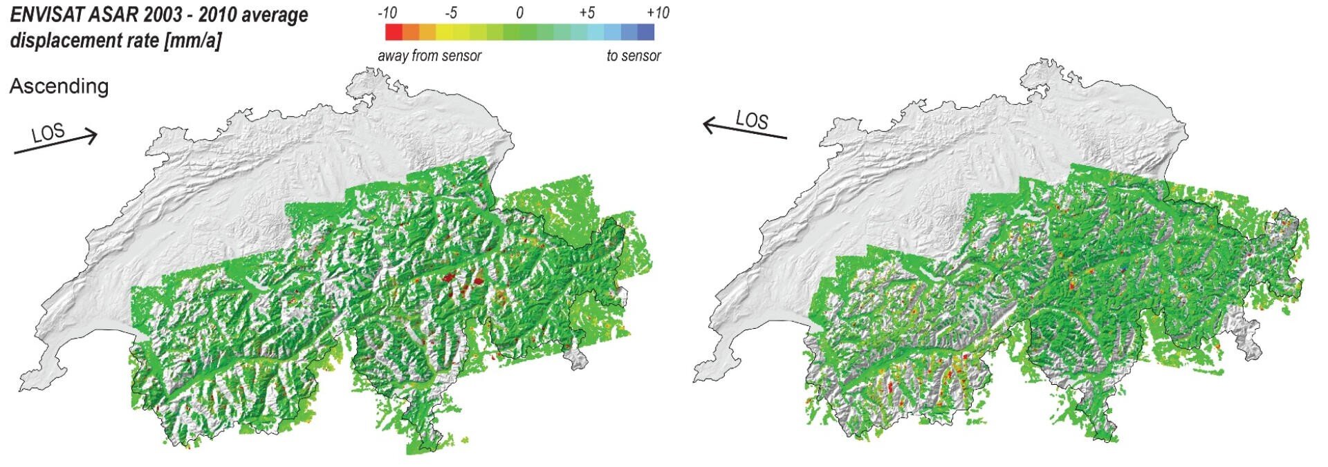 Zwei Karten der Schweiz zeigen die durchschnittlichen Verschiebungsraten von 2003-2010, farblich kodiert von rot (vom Sensor weg) über grün (stabil) bis blau (zum Sensor hin), wobei die Richtung "aufsteigend" und "absteigend" angegeben ist.