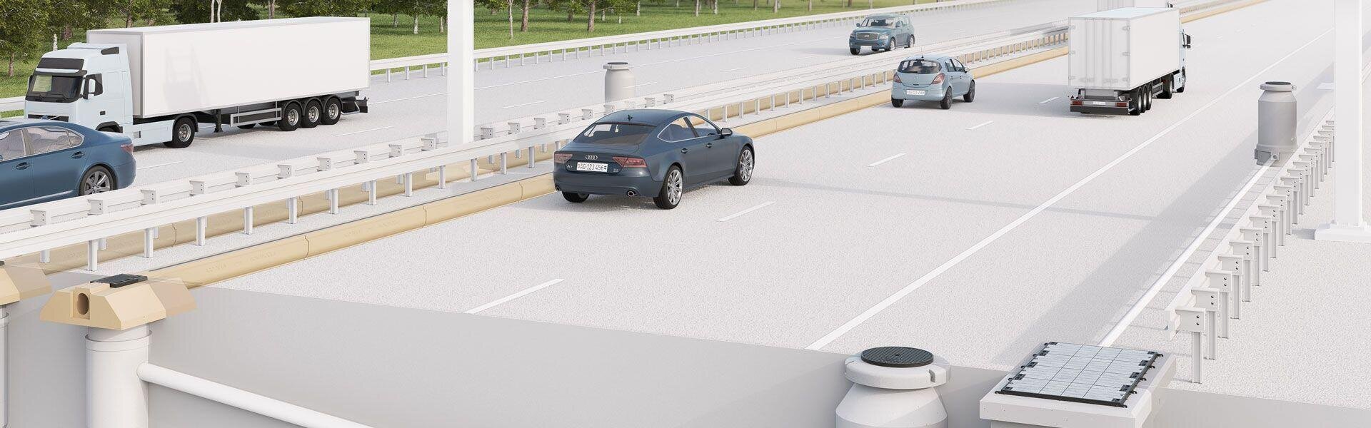 Eine Autobahnszene mit PKWs und LKWs, die in beide Richtungen fahren; im Hintergrund stehen Bäume, und die Fahrspuren sind durch Leitplanken voneinander getrennt. Am Straßenrand befinden sich Verkehrskameras und Versorgungskästen.