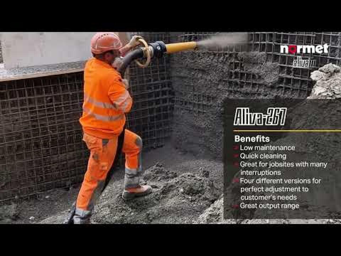 Ein Bauarbeiter in orangefarbener Schutzkleidung spritzt mit einem Schlauch Beton auf eine Wand. Der Text auf dem Bild listet die Vorteile des Aliva-257 auf, darunter geringer Wartungsaufwand, schnelle Reinigung und große Reichweite.