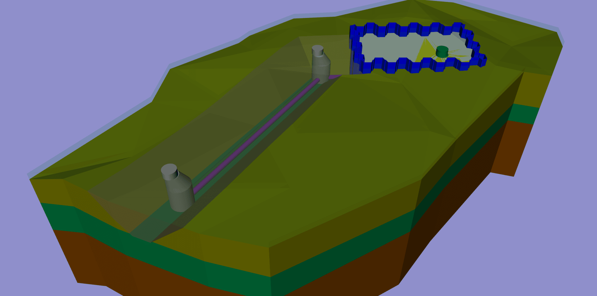 Ein 3D-gerendertes Diagramm einer Landschaft mit geschichtetem Boden, zwei zylindrischen Strukturen, die durch ein Rohr verbunden sind, und einem eingezäunten Bereich mit einem Teich und einem kleinen grünen Hügel.