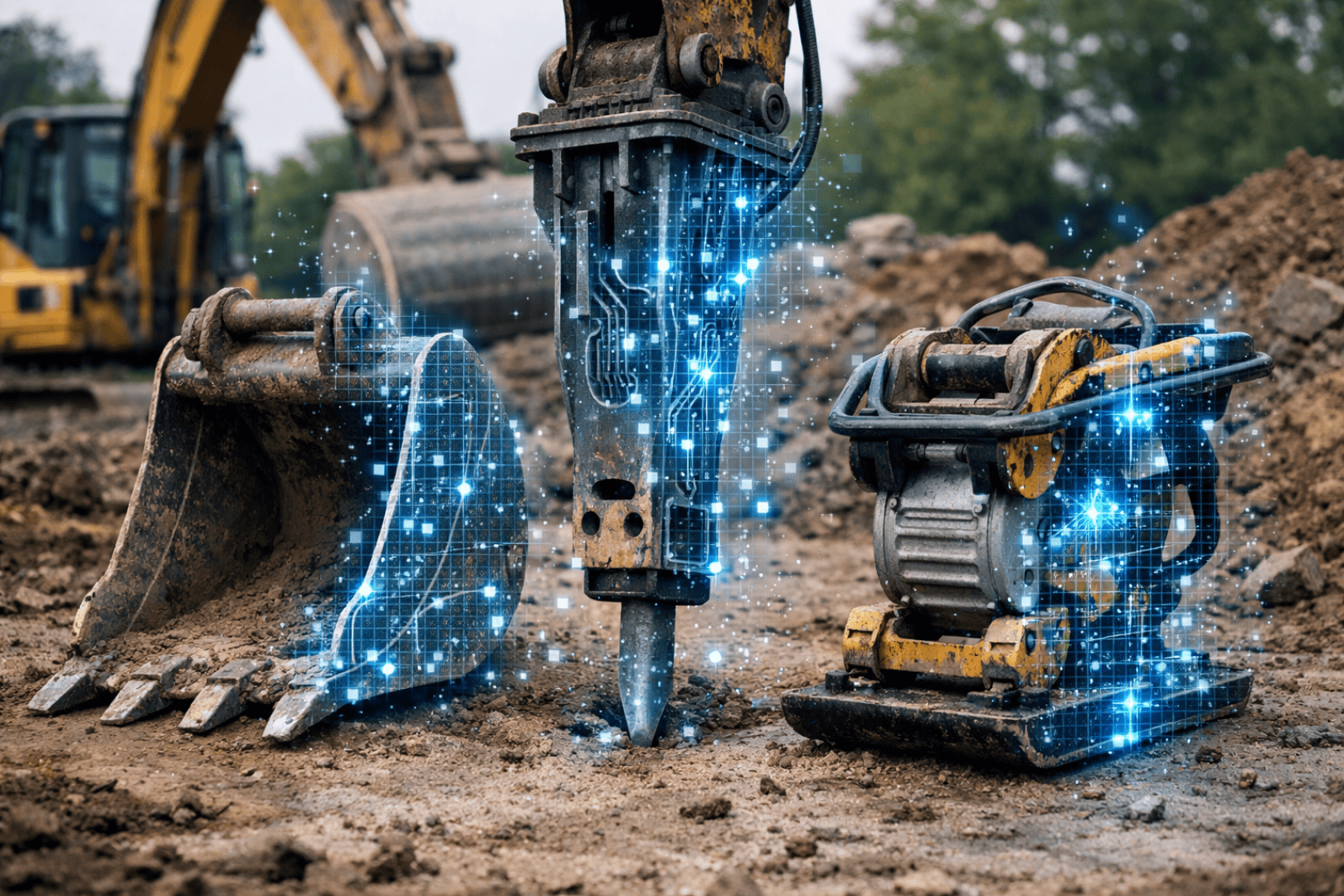 Baumaschinen auf einer unbefestigten Baustelle, einschließlich Baggerschaufel, Presslufthammer und Verdichter, mit blauen digitalen Linien und überlagerten Punkten, die auf die Integration intelligenter oder vernetzter Technologien hinweisen. Im Hintergrund sind Bäume und Geräte zu sehen.