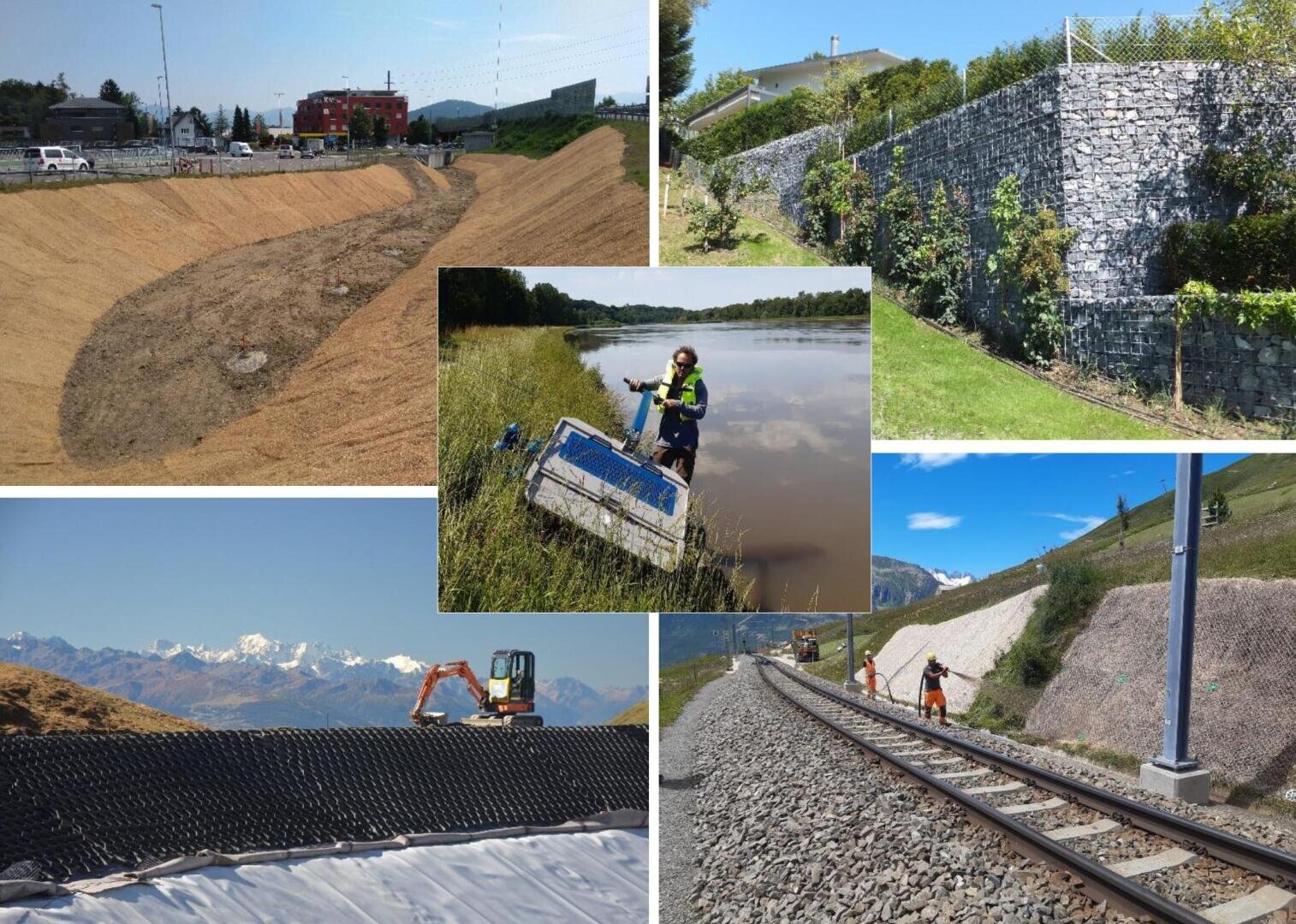Collage, die Erosionsschutztechniken zeigt: ein gebogenes Sandbecken, Gabionen-Stützmauern, Hangnetze an Bergen, Arbeiter, die Hänge in der Nähe von Bahngleisen pflegen, und ein Forscher, der Wasserproben von einem Flussufer nimmt.