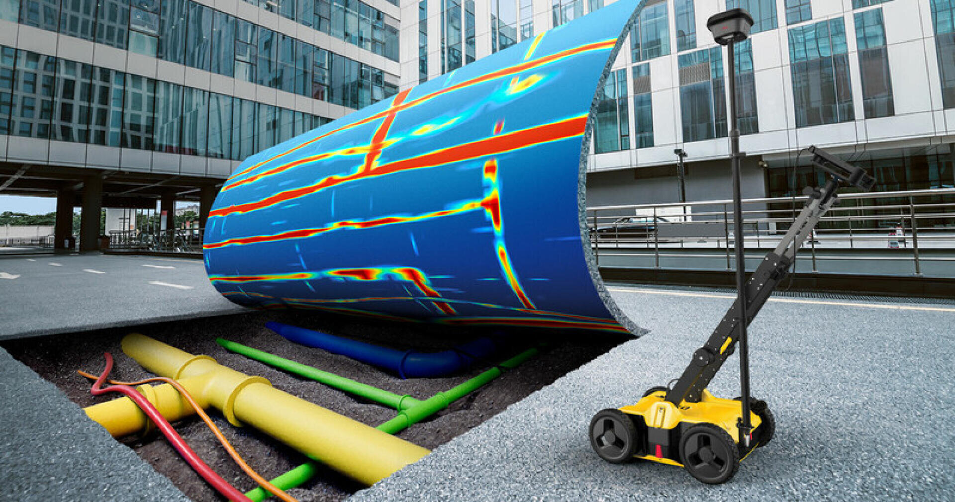 Ein Bodenradargerät tastet den Straßenbelag ab und zeigt bunte unterirdische Versorgungsrohre und Kabel unter einer Stadtstraße vor modernen Bürogebäuden.