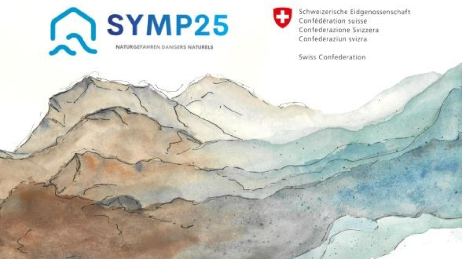Aquarellillustration von Bergen mit dem SYMP25-Logo, dem Emblem der Schweizerischen Eidgenossenschaft und mehrsprachigem Text oben rechts.
