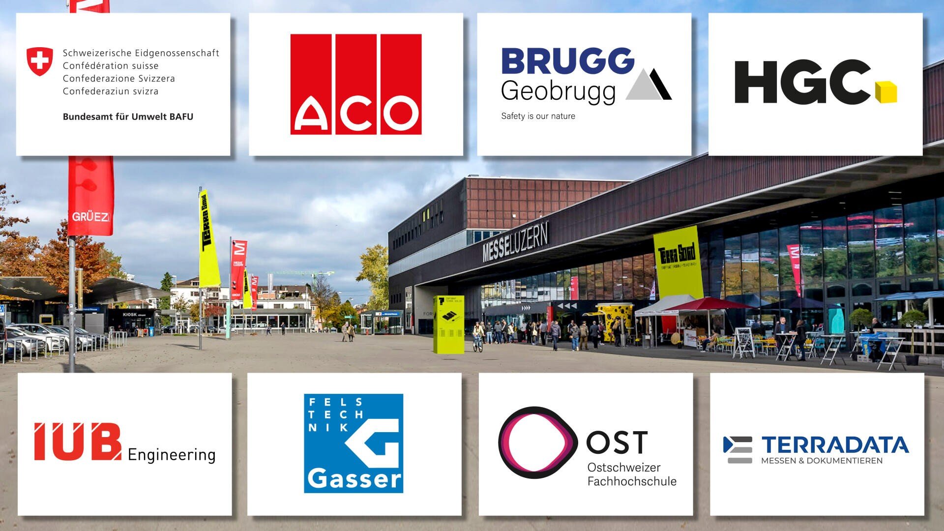 Ein modernes Gebäude mit Glasfassade und dem Zeichen der Messe Luzern, umgeben von Fahnen und Menschen. Das Overlay enthält Logos verschiedener Unternehmen und Institutionen, wie ACO, HGC, OST und andere.