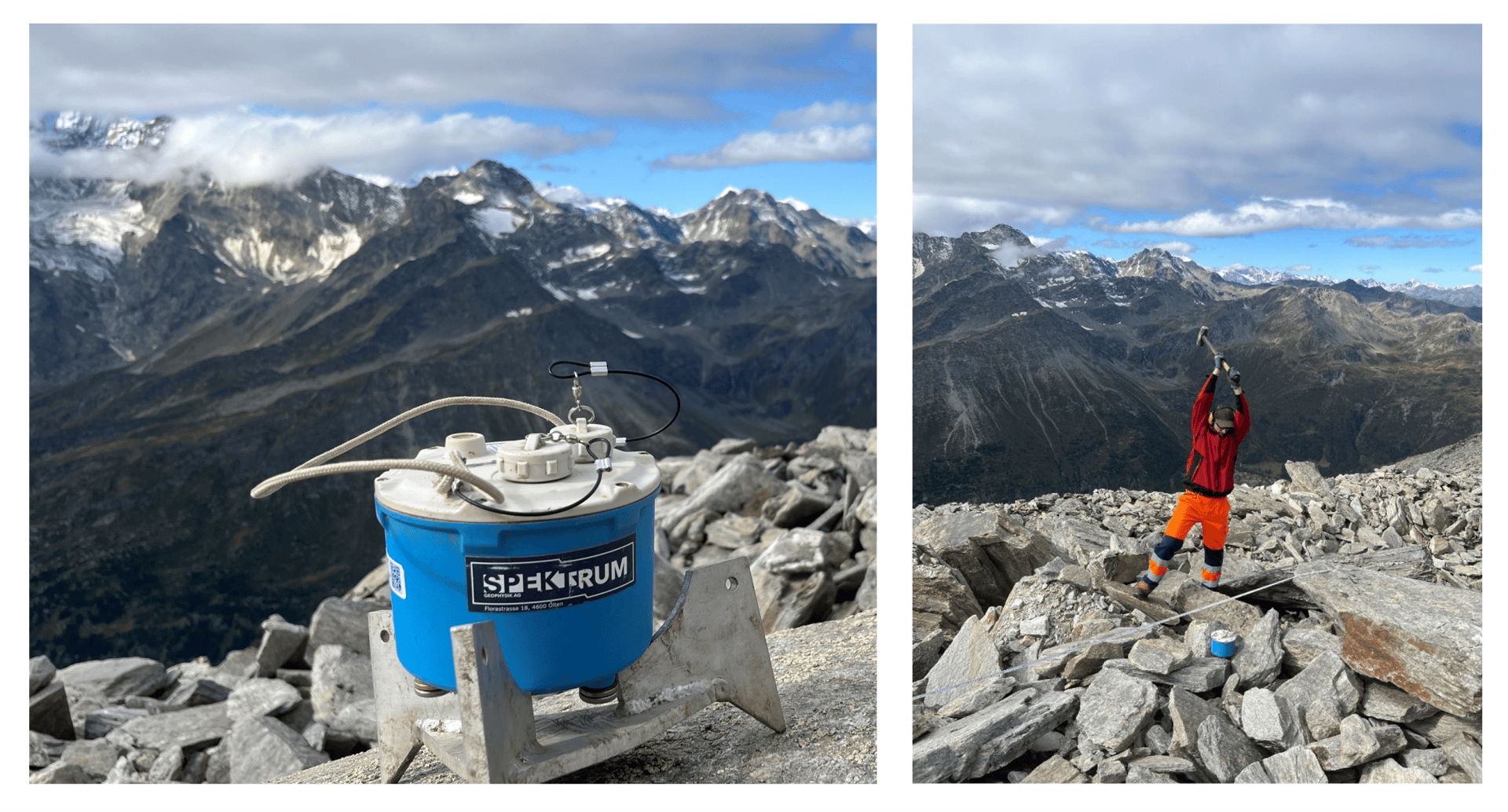 Zwei Fotos: links ein blaues wissenschaftliches Instrument mit der Aufschrift SPEKTRUM auf felsigem Gelände mit Bergen im Hintergrund; rechts eine Person in Rot und Orange, die zwischen Felsen auf einem Bergkamm bei bewölktem Himmel Ausrüstung benutzt.