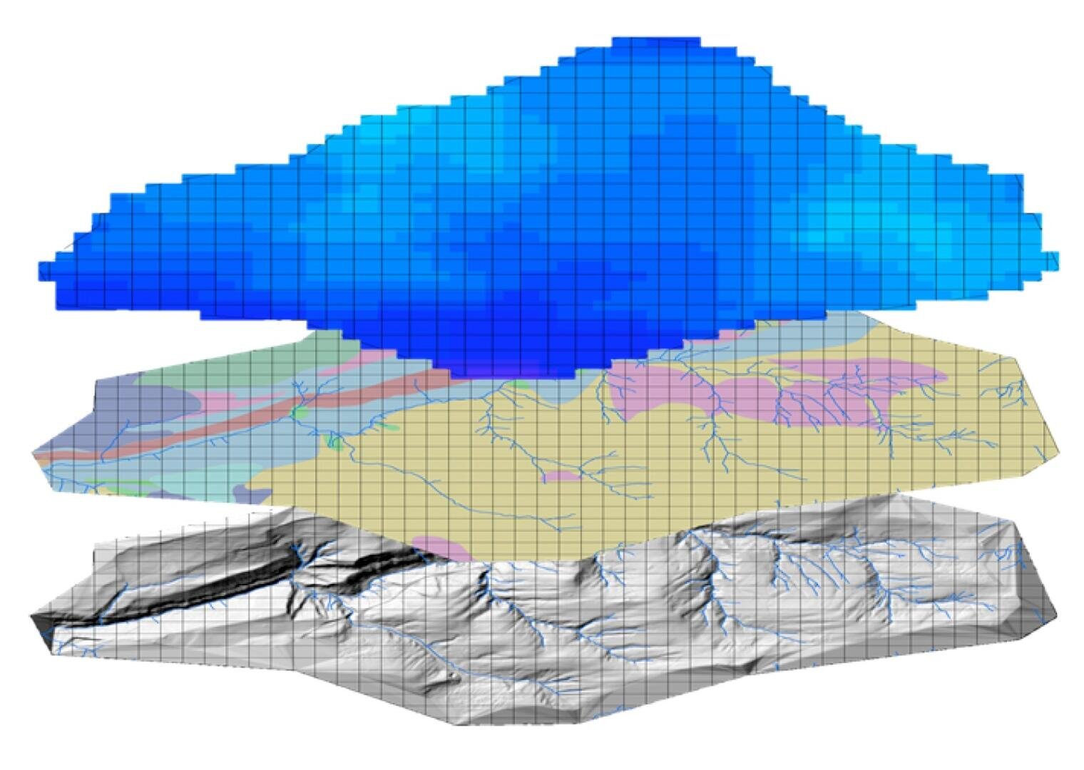 Ein geologisches 3D-Schichtenmodell mit drei durchsichtigen, gitterartigen Schichten: einer blauen oberen Schicht, einer mehrfarbigen mittleren Schicht und einer grauen unteren Schicht mit Geländemerkmalen.