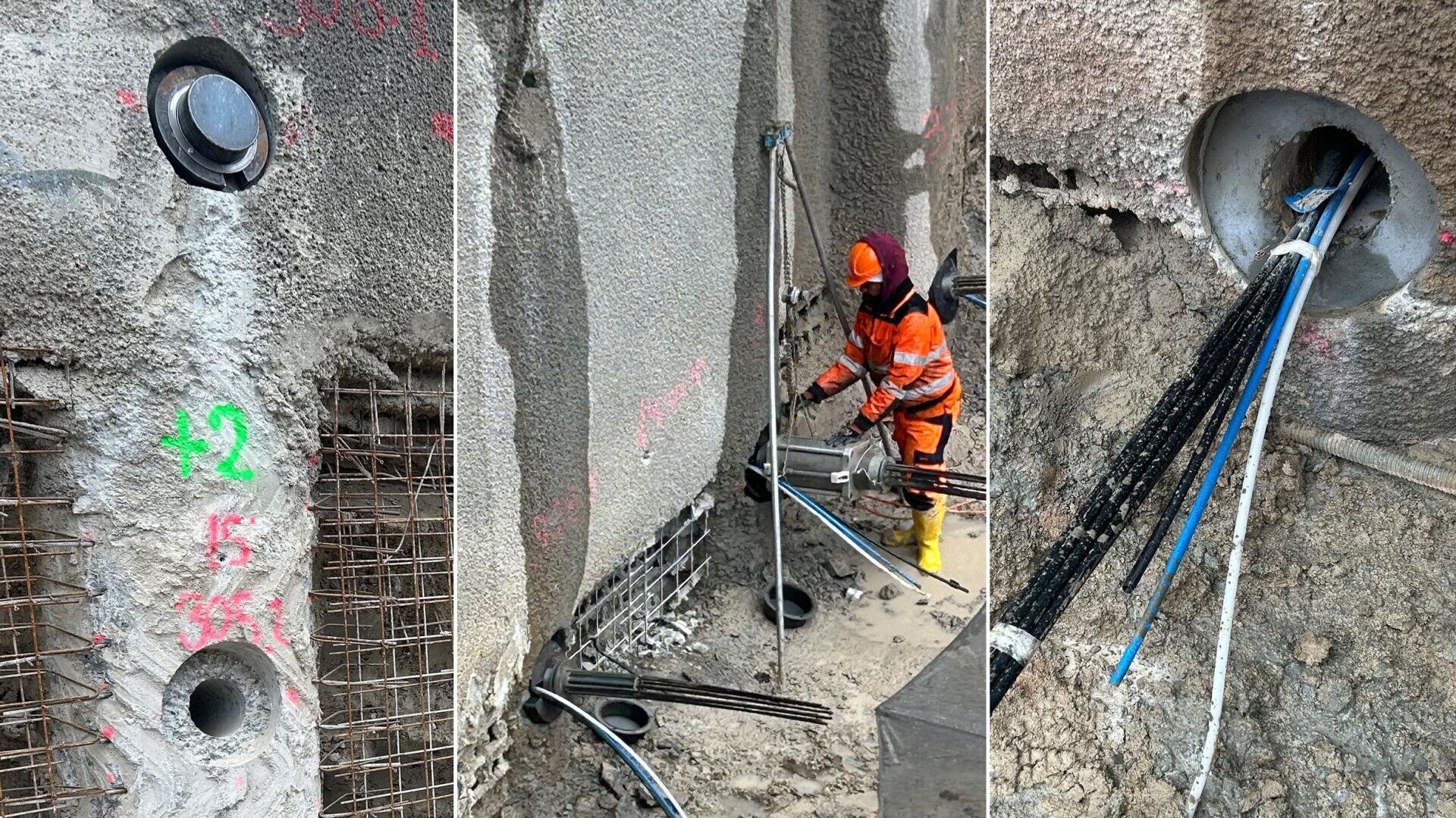 Drei Bilder zeigen eine Baustelle: eine Wand mit runden Rohrlöchern und freiliegendem Bewehrungsstahl, einen Arbeiter in orangefarbener Schutzkleidung, der mit Material hantiert, und Kabel, die durch ein rundes Loch in einer Betonwand verlaufen.