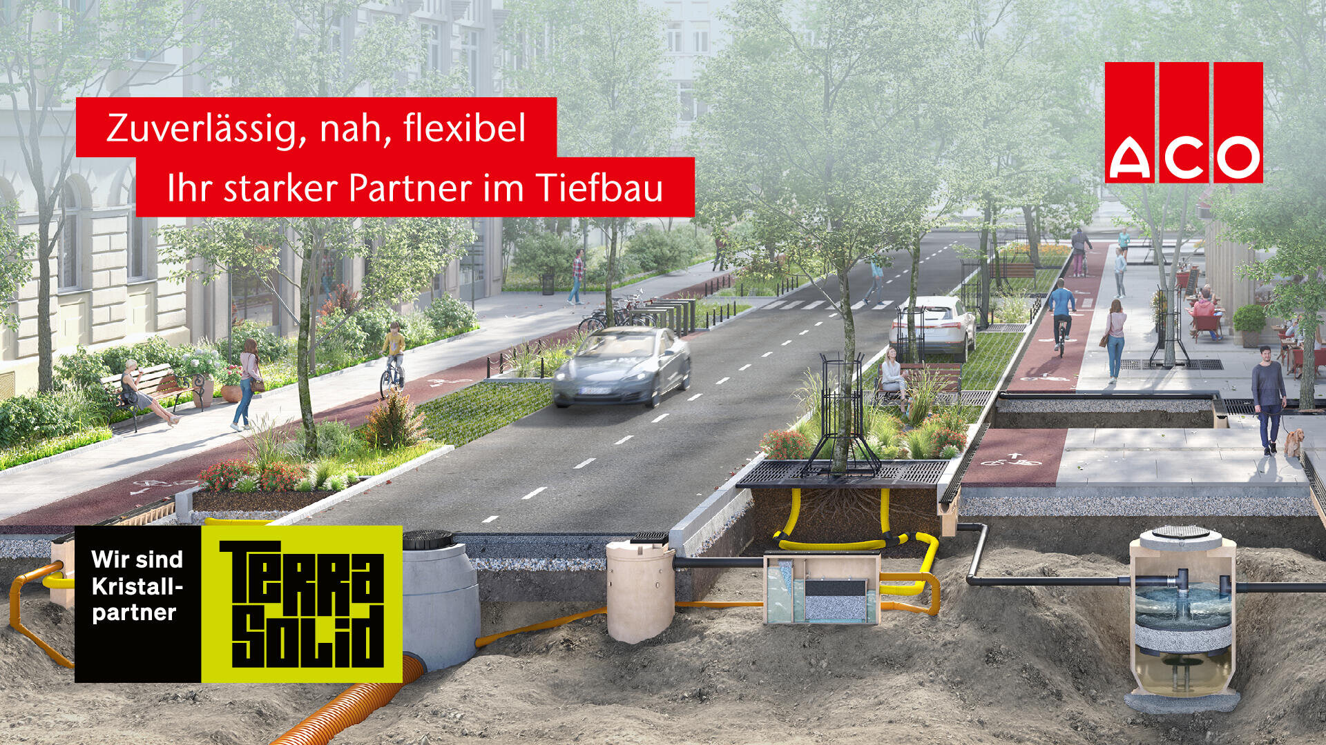 Eine Stadtstraße ist mit Fußgängern, Autos und Bäumen dargestellt. Ein unterirdischer Ausschnitt zeigt Entwässerungs- und Rohrsysteme. Die Logos von ACO und Terra Solid werden mit einem deutschen Text über zuverlässige Tiefbaupartnerschaften angezeigt.
