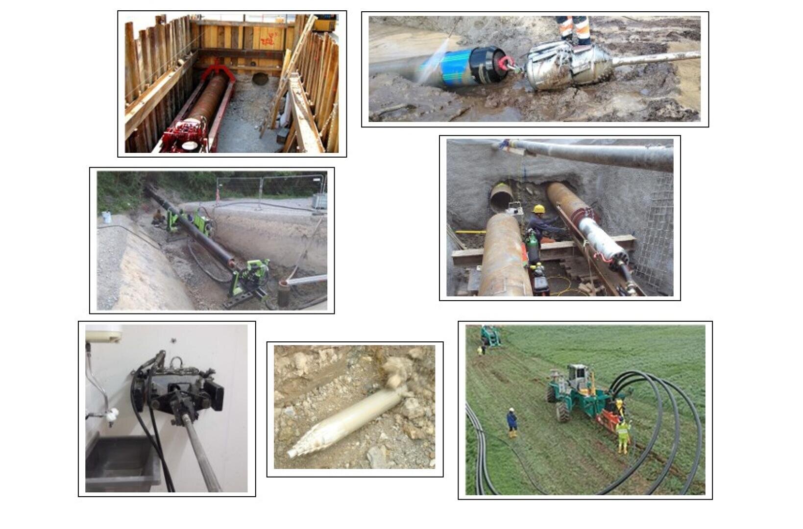 Eine Collage, die unterirdische Rohrverlegung, grabenloses Bohren, Arbeiter, die mit Rohren und Maschinen hantieren, horizontale Bohrwerkzeuge und Rohre, die auf einer Wiese verlegt werden, zeigt.
