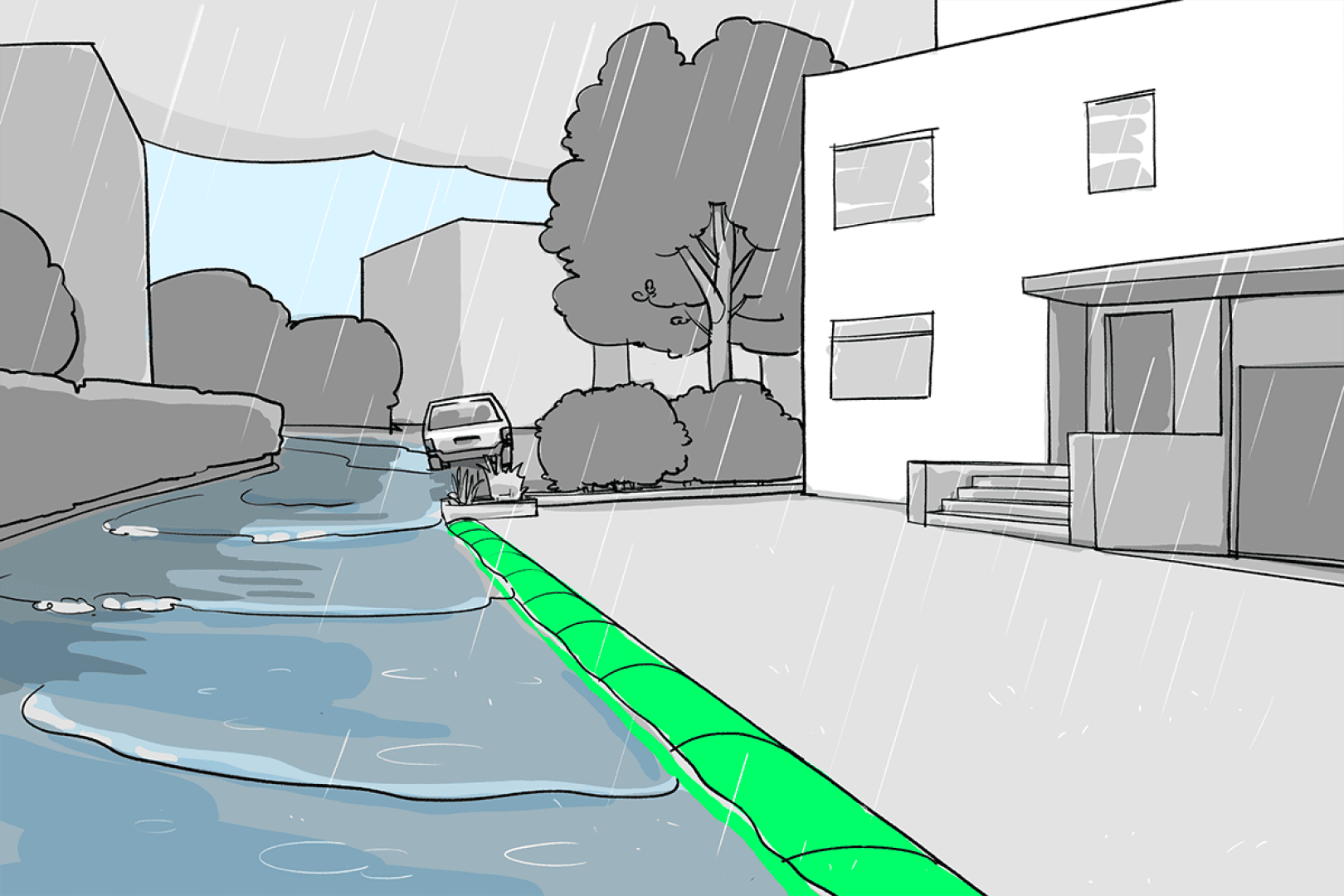Gezeigt wird eine verregnete städtische Straße mit steigendem Hochwasser. Eine grüne, aufblasbare Barriere säumt den Rand des Bürgersteigs und schützt die umliegenden Gebäude vor dem eindringenden Wasser. Ein Auto steht teilweise auf dem Bordstein in der Nähe der überfluteten Straße.
