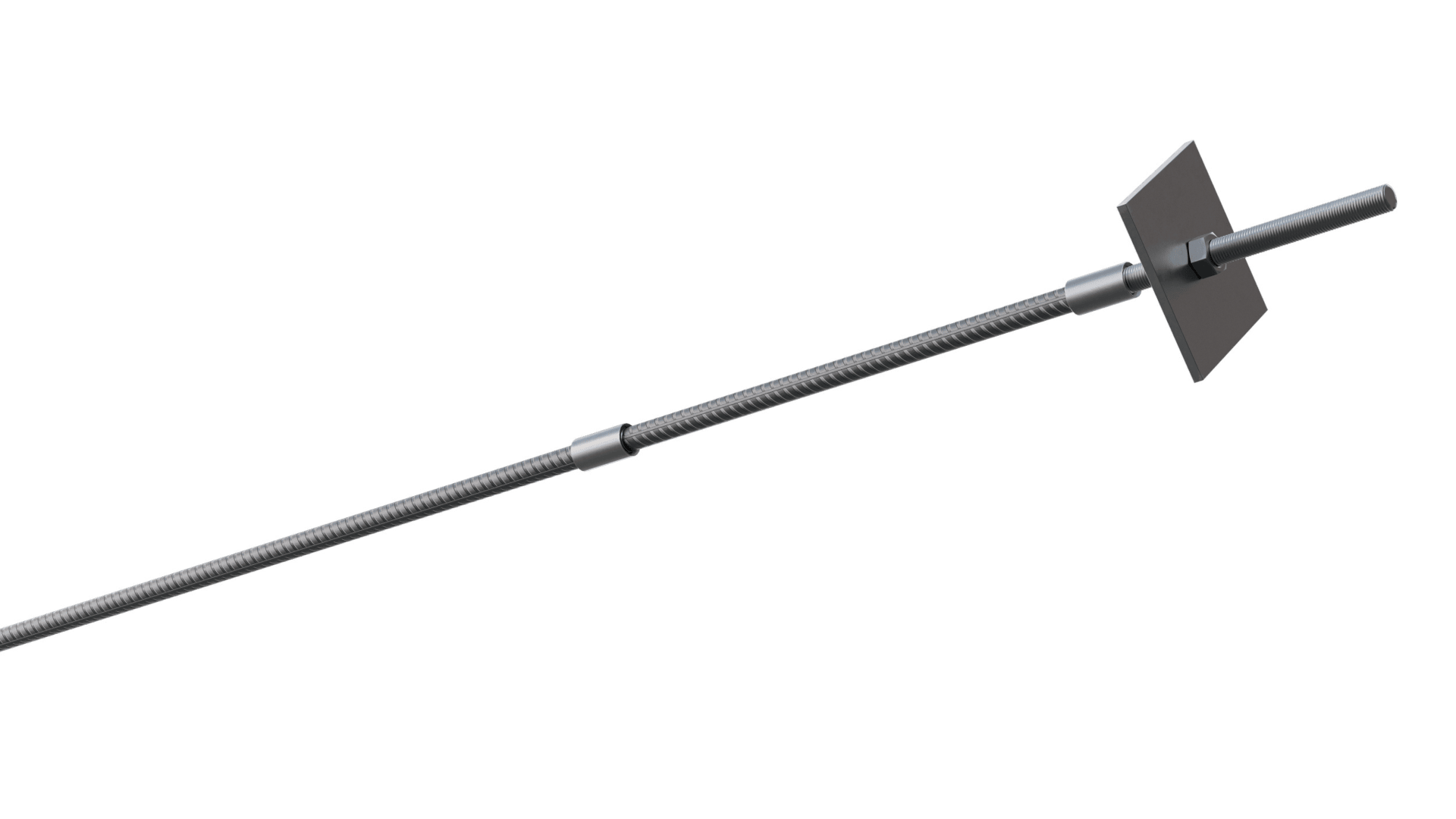 Nahaufnahme einer Metallstange mit einem Gewindekörper, zwei Kupplungen und einer an einem Ende angebrachten rechteckigen Ankerplatte, die im Bauwesen zur Bewehrung verwendet wird.