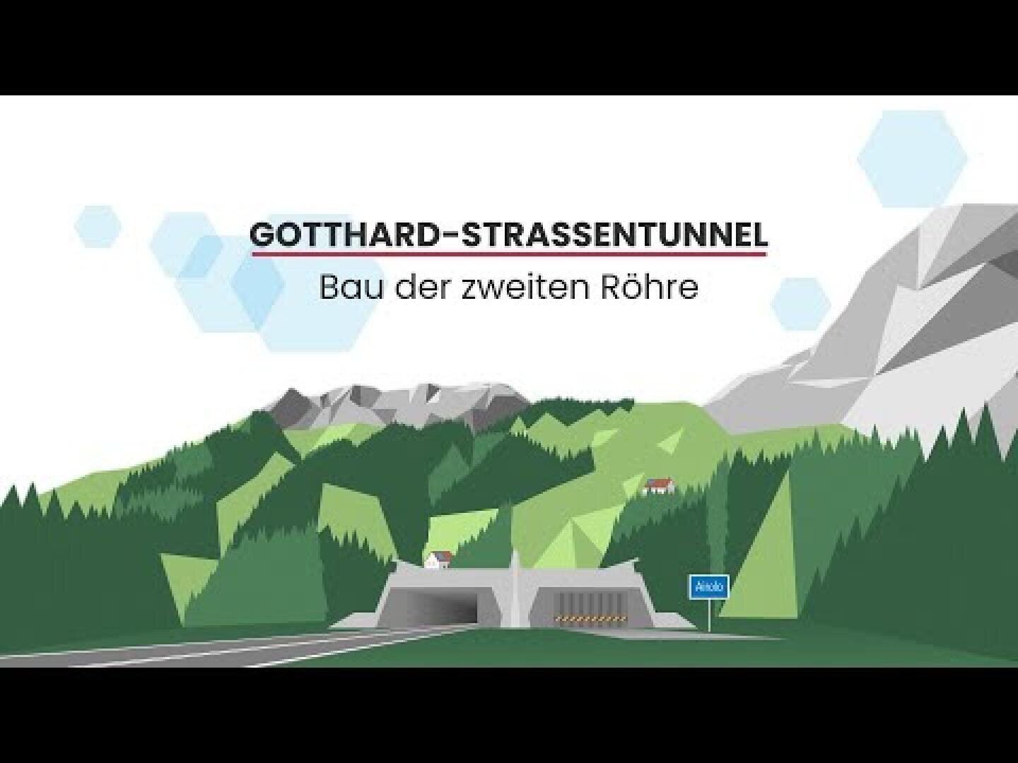 Illustration des Gotthard-Strassentunnels mit zwei Tunneleingängen in einer Berglandschaft. Der Text lautet: Gotthard-Strassentunnel - Bau der zweiten Röhre.