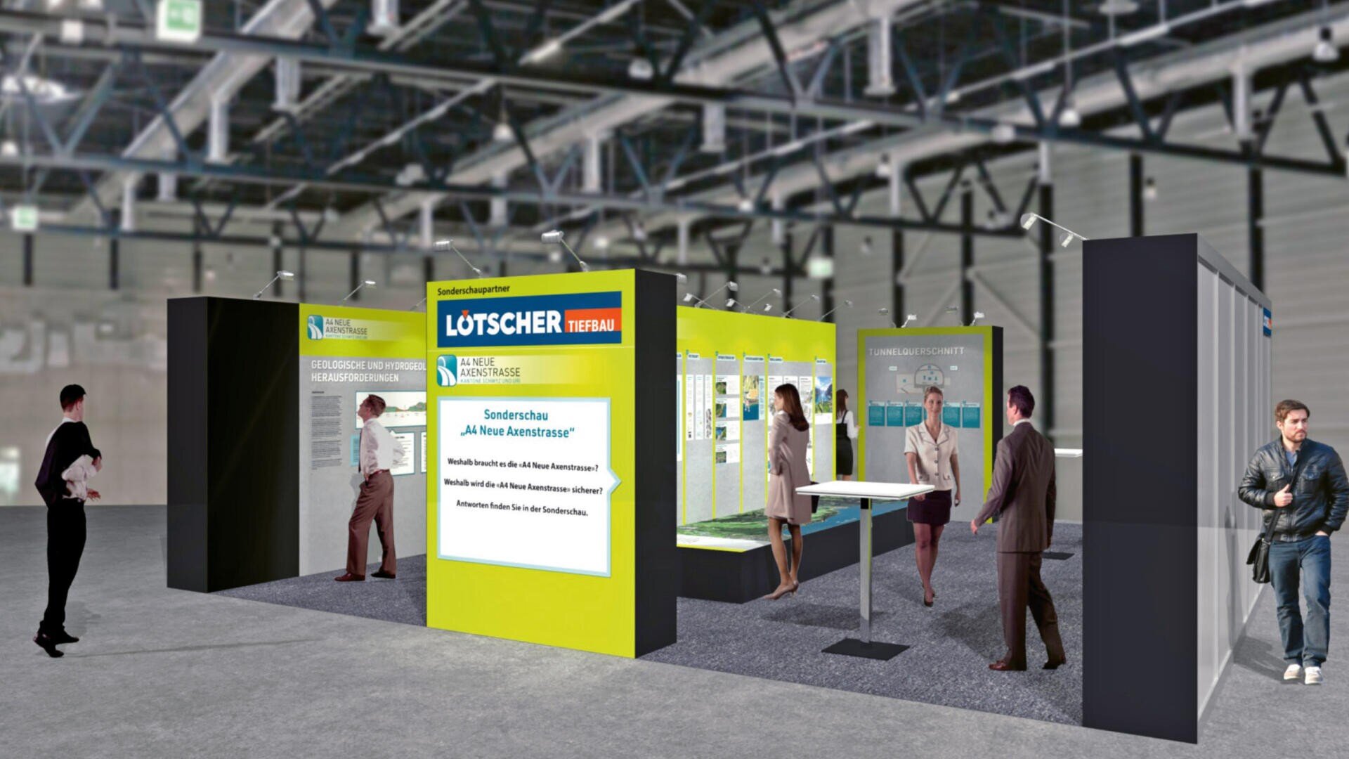 Ausstellungsstand mit gelben Wänden und "Lötscher"-Schriftzug, an dem Informationsplakate angebracht sind. Mehrere Personen stehen, lesen und interagieren. Der Schauplatz ist ein großer überdachter Veranstaltungsraum mit sichtbaren Deckenbalken und Beleuchtung.