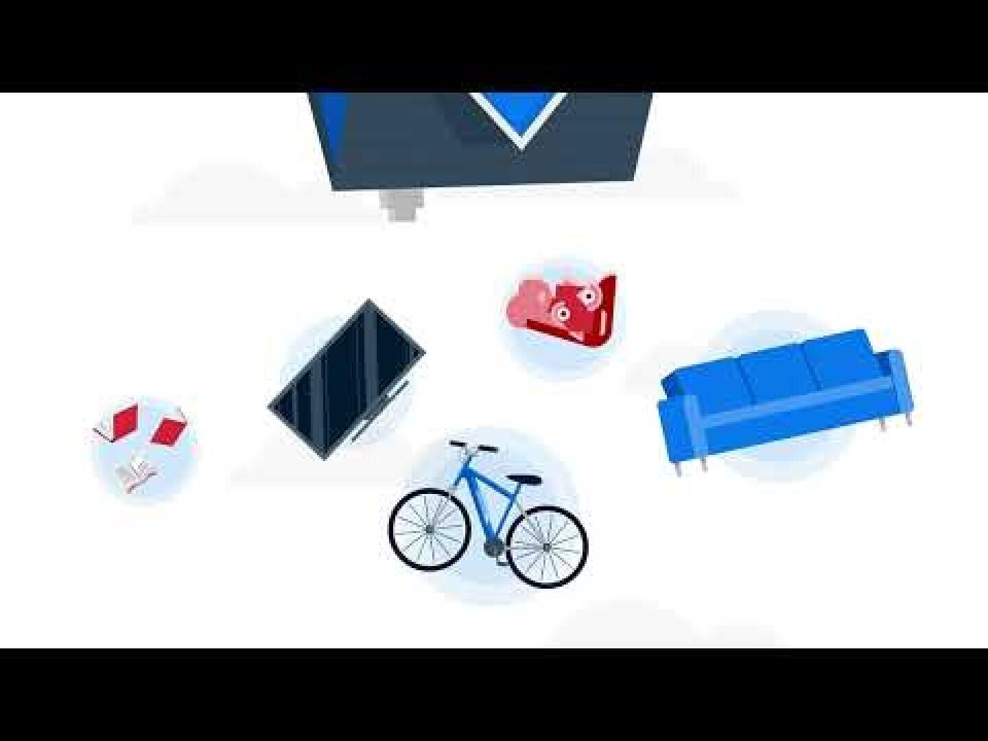 Illustration mit einem Fahrrad, einem blauen Sofa, einem Fernseher, roten Turnschuhen und zwei Büchern, die auf einem weißen Hintergrund mit kreisförmigen Hervorhebungen um jeden Gegenstand angeordnet sind.