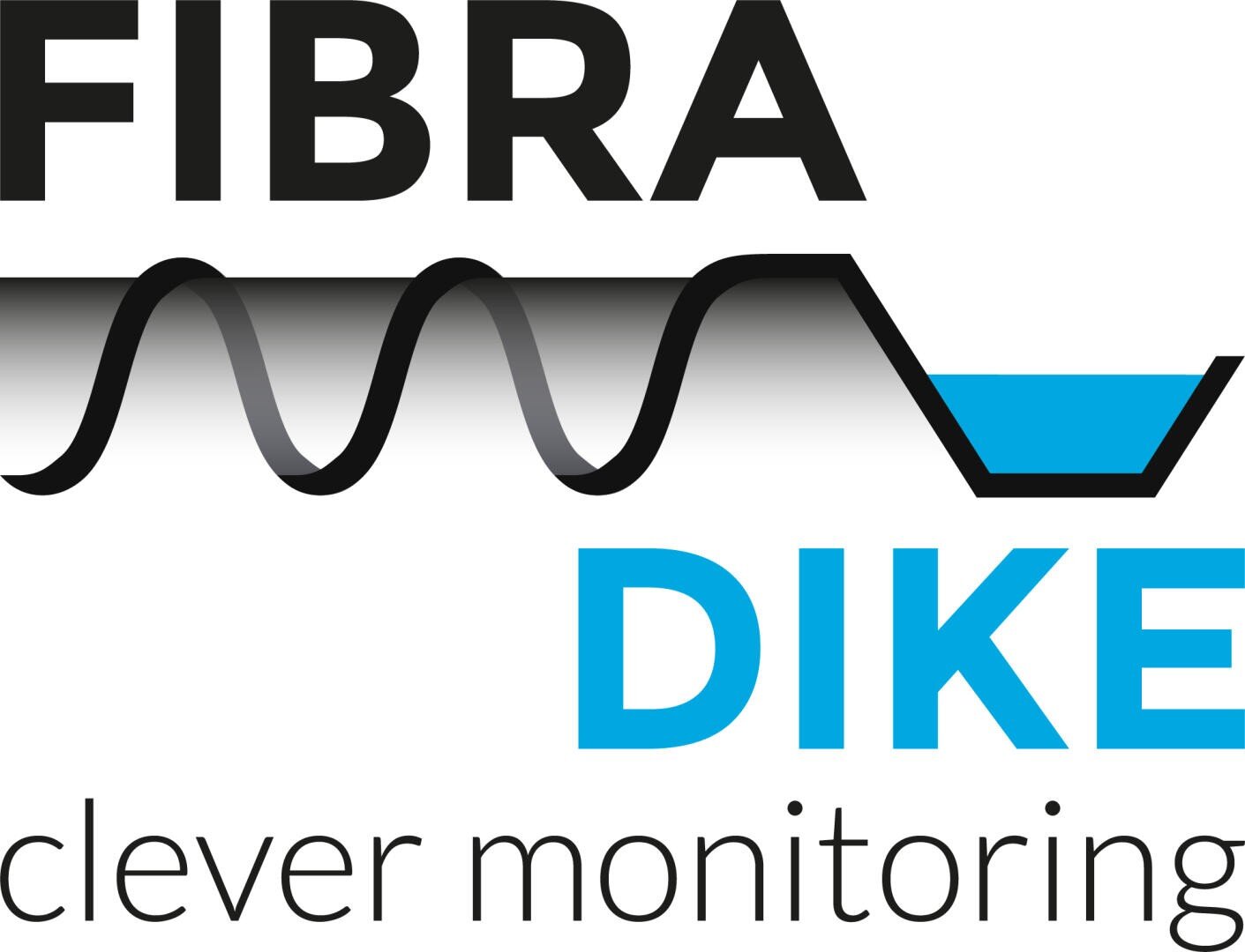 Logo mit den Worten FIBRA DIKE clever monitoring. FIBRA ist schwarz, DIKE blau, und zwischen den Wörtern erscheint eine schwarze Wellenlinie über einer blauen Form. clever monitoring ist schwarz darunter.