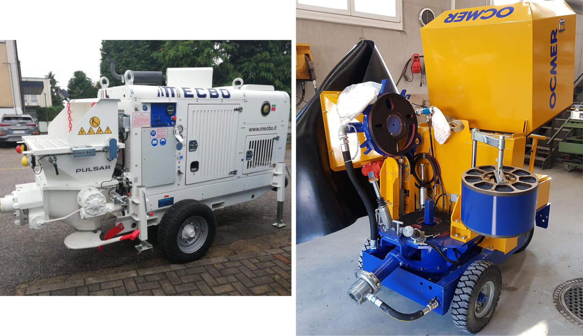 Zwei Industriemaschinen: links ein weißes MECCO Pulsar-Gerät auf Rädern im Freien, rechts eine blau-gelbe OCMER-Maschine mit verschiedenen mechanischen Komponenten, die in einer Werkstatt steht.