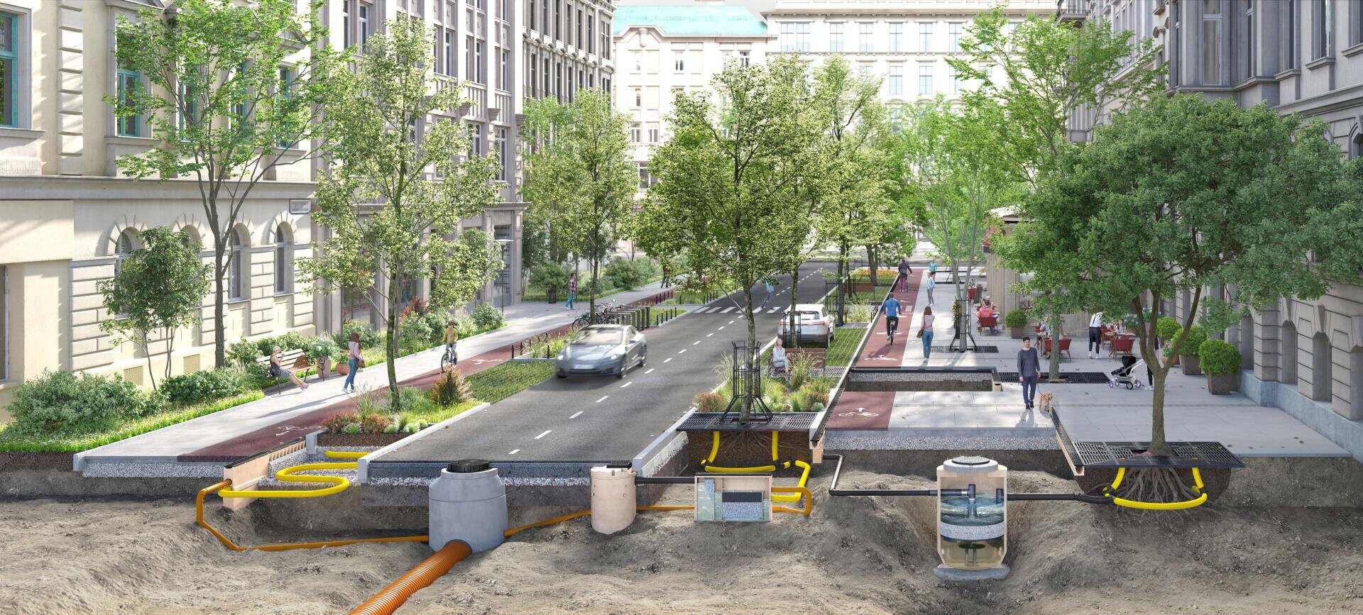 Ein Querschnitt durch eine Stadtstraße zeigt Bäume, Autos, Fußgänger und ein unterirdisches Regenwassermanagementsystem mit Rohren, Tanks und Filteranlagen unter den Gehwegen und der Straße.