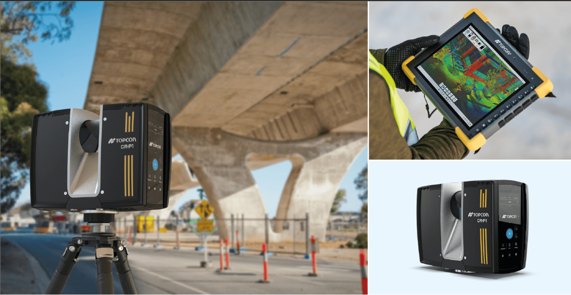 Ein auf einem Stativ montierter Laserscanner vermisst eine Überführungsbaustelle. Ein Arbeiter hält ein robustes Tablet, das einen farbigen 3D-Scan anzeigt. Die Nahaufnahme zeigt den Scanner mit der Aufschrift "Topcon GLTP".