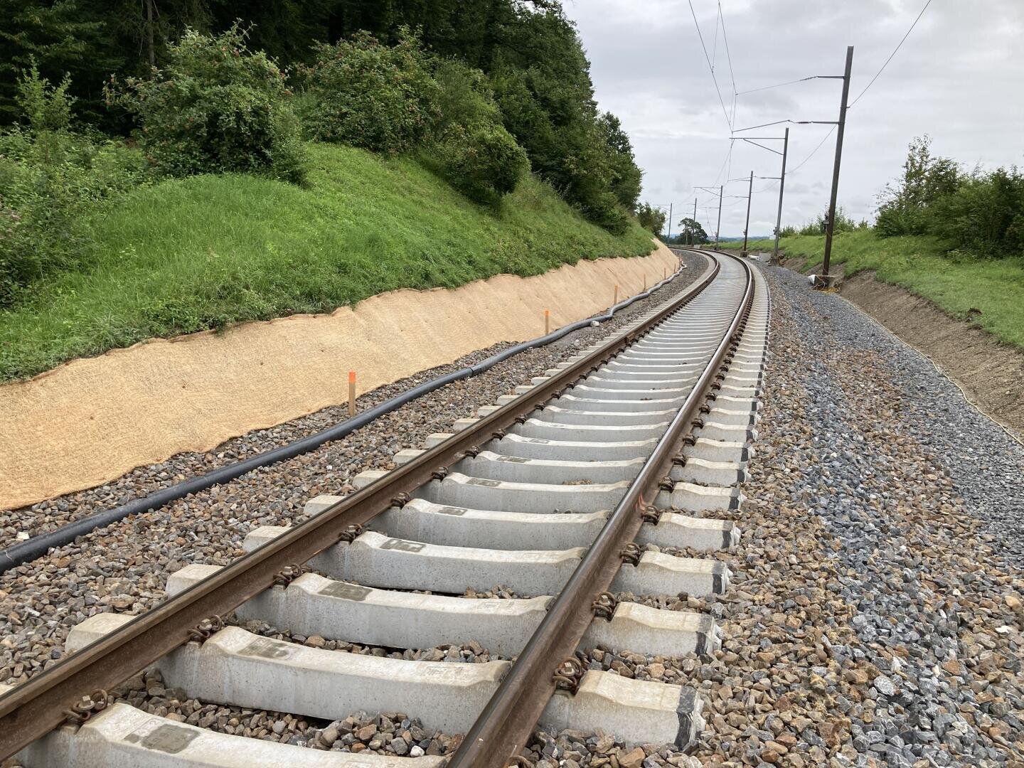 Eine geschwungene Bahnstrecke führt durch ein grasbewachsenes, leicht hügeliges Gebiet mit Felsen an den Seiten, Stromleitungen, Bäumen und Büschen im Hintergrund und einem bewölkten Himmel.