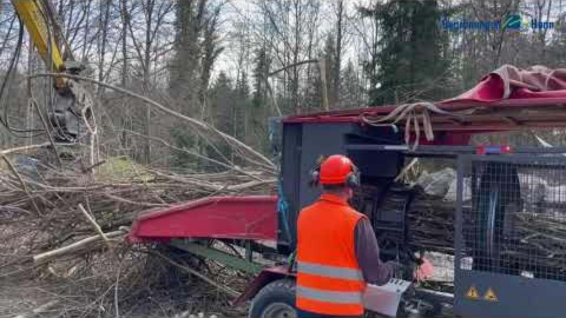 Ein Arbeiter mit orangefarbener Weste und Helm bedient eine Holzhackmaschine und führt der Maschine in einem bewaldeten Außenbereich große Äste zu.