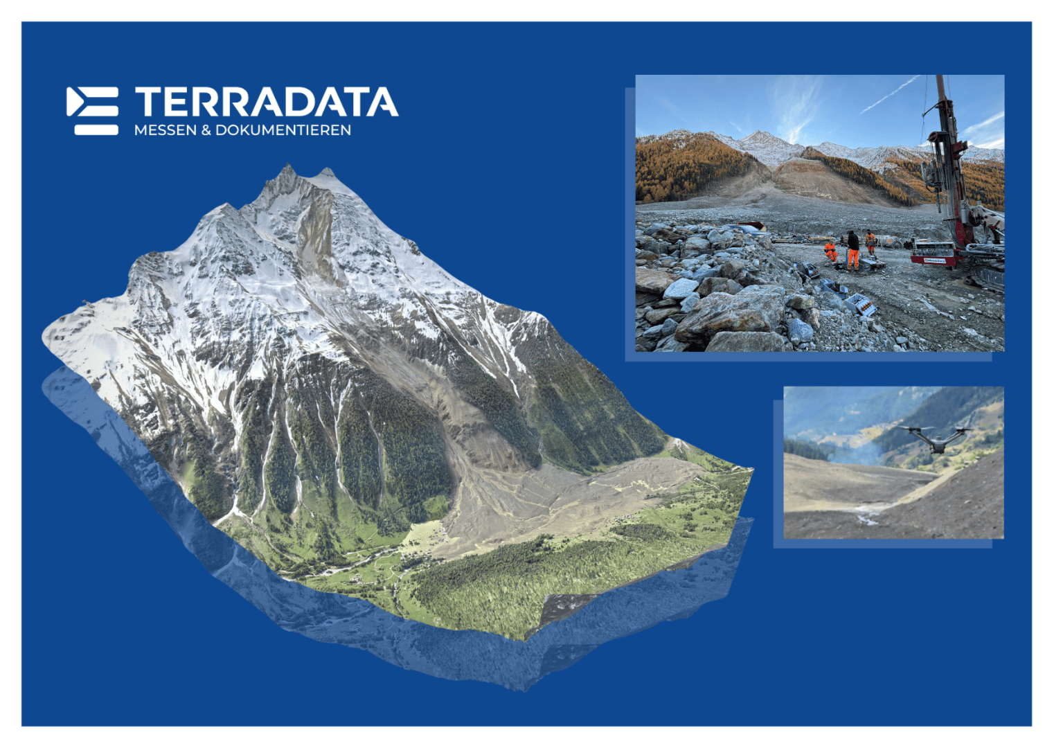 Ein 3D-Bergmodell mit Schnee und Wald ist auf einem blauen Hintergrund zentriert. Das TERRADATA-Logo befindet sich oben links. Zwei Fotos auf der rechten Seite zeigen eine Baustelle mit Arbeitern und eine Drohne, die über ein Erdrutschgebiet fliegt.
