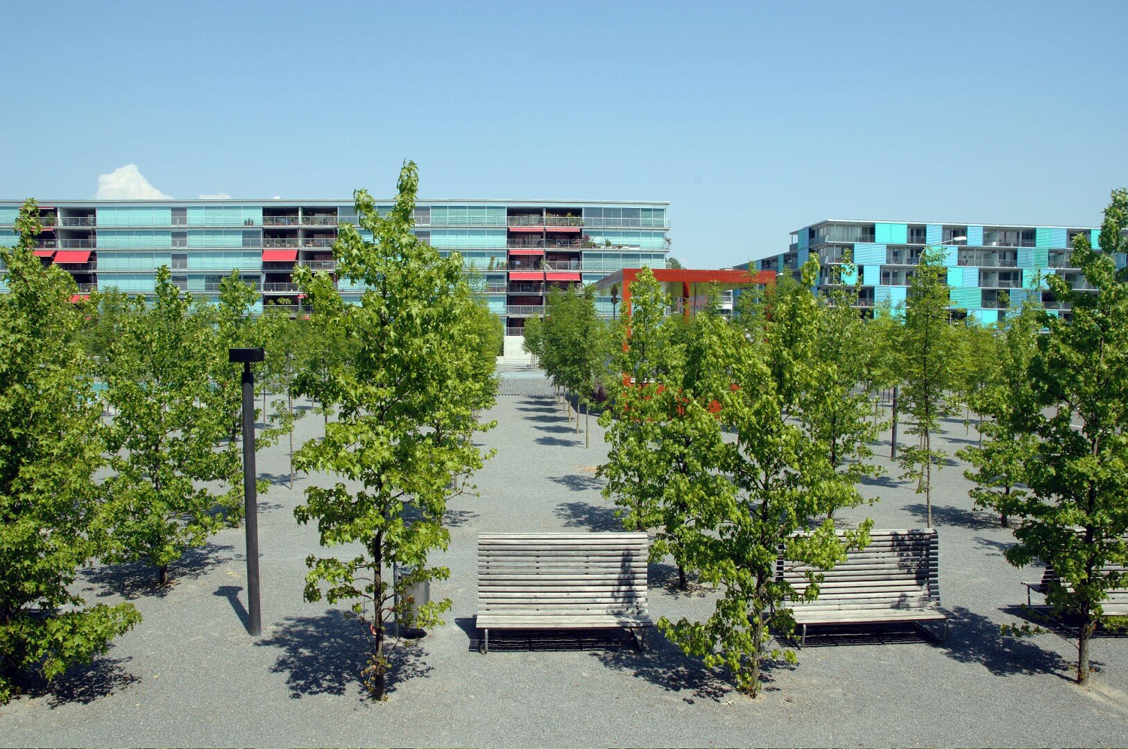 Ein moderner Stadtpark mit jungen, in Reihen gepflanzten Bäumen, Kieswegen und Holzbänken. Im Hintergrund befinden sich mehrere mehrstöckige Wohnhäuser mit Glasfassaden und bunten Balkonen.