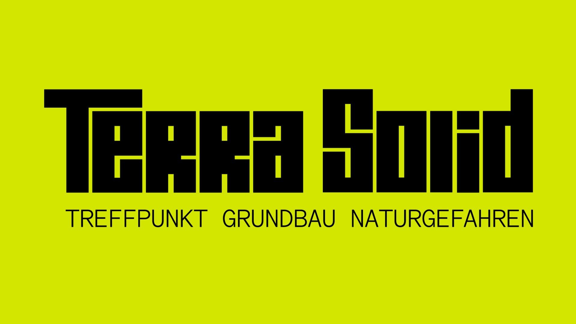 In fettem, schwarzem Text steht „Terra Solid“ in einer blockigen, geometrischen Schriftart auf leuchtend gelbem Hintergrund. Darunter steht in kleinerem Text „TREFFPUNKT GRUNDBAU NATURGEFAHREN“.