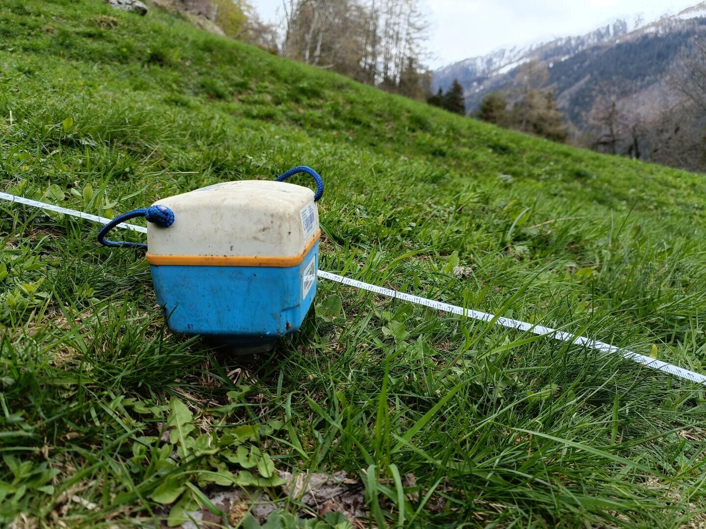 Ein blau-weißes Plastikgerät liegt auf grünem Gras neben einem Maßband an einem schrägen Hang, im Hintergrund sind Bäume und schneebedeckte Berge zu sehen.