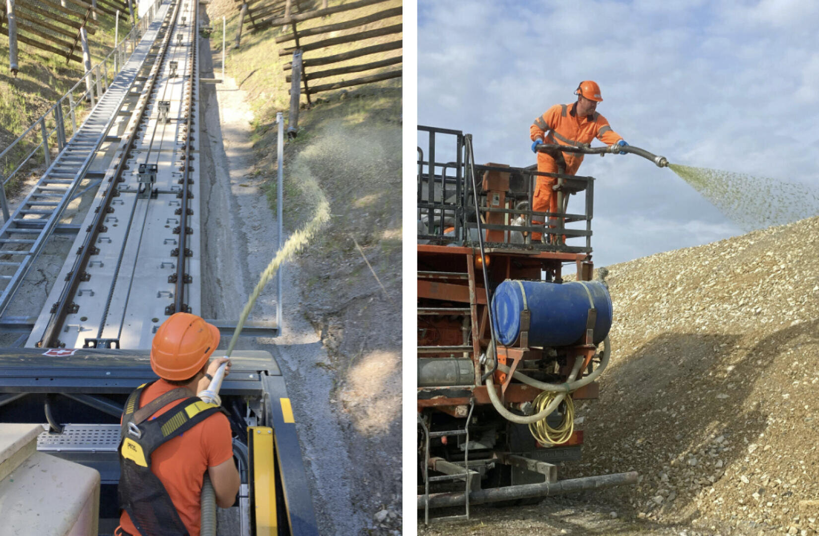 Zwei Bauarbeiter in orangefarbener Schutzkleidung sprühen eine grüne Hydrosaatmischung auf nackten Boden und Kies. Sie arbeiten mit Spezialmaschinen im Freien auf geneigten und ebenen Flächen.