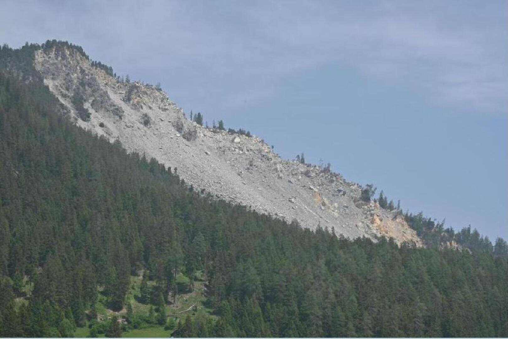 Ein mit dichten grünen Bäumen bewachsener Berghang im unteren Bereich und ein großes graues, felsiges Erdrutschgebiet, das den Wald in der Nähe des Gipfels durchschneidet, unter einem teilweise bewölkten Himmel.