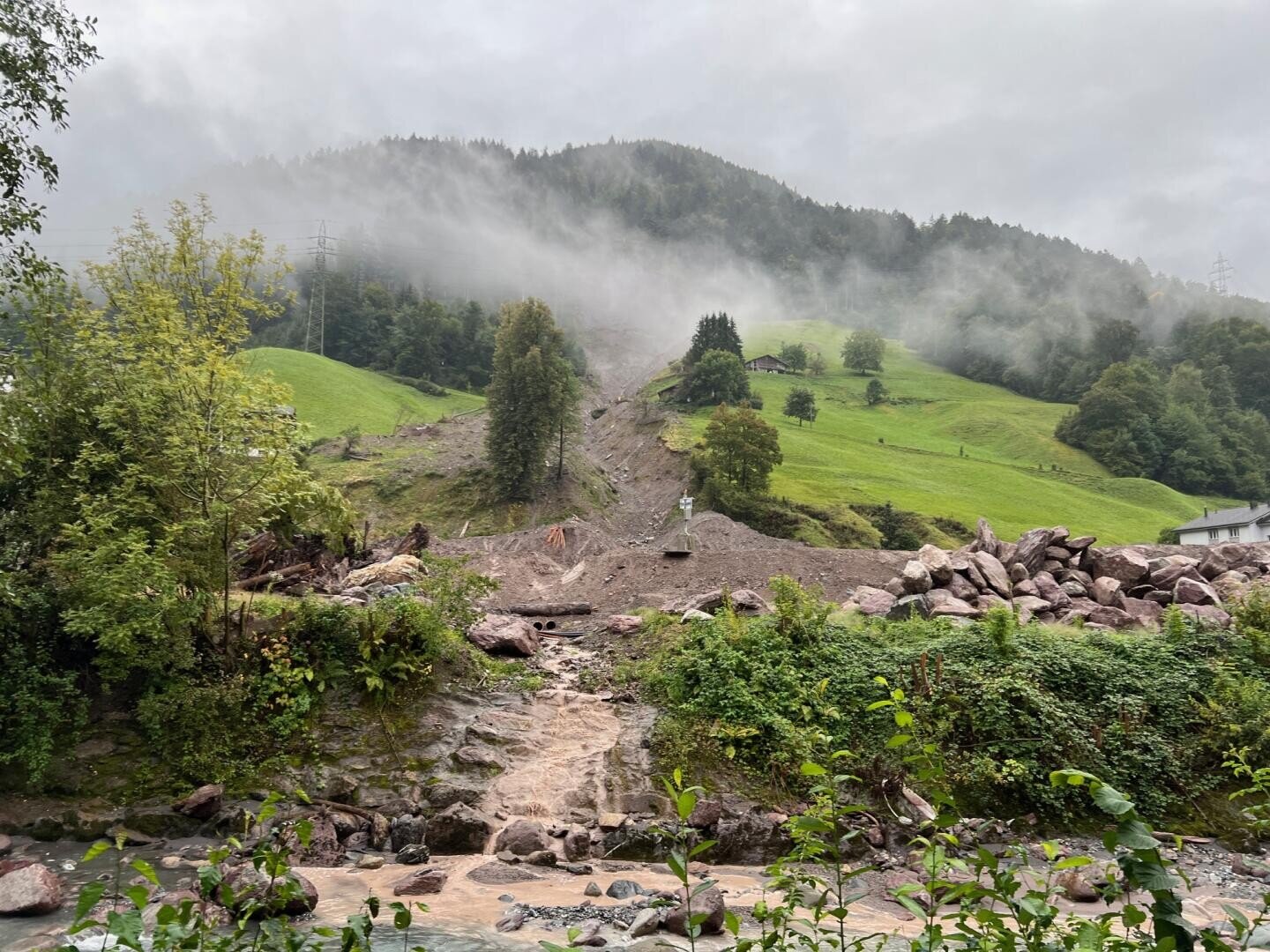 Ein schlammiger Erdrutsch läuft an einem bewölkten Tag einen grasbewachsenen, baumbestandenen Hang hinunter, wobei Steine und Geröll am Fuß verstreut sind und Nebel über der grünen Landschaft aufsteigt. Im Vordergrund fließt ein kleiner Bach.