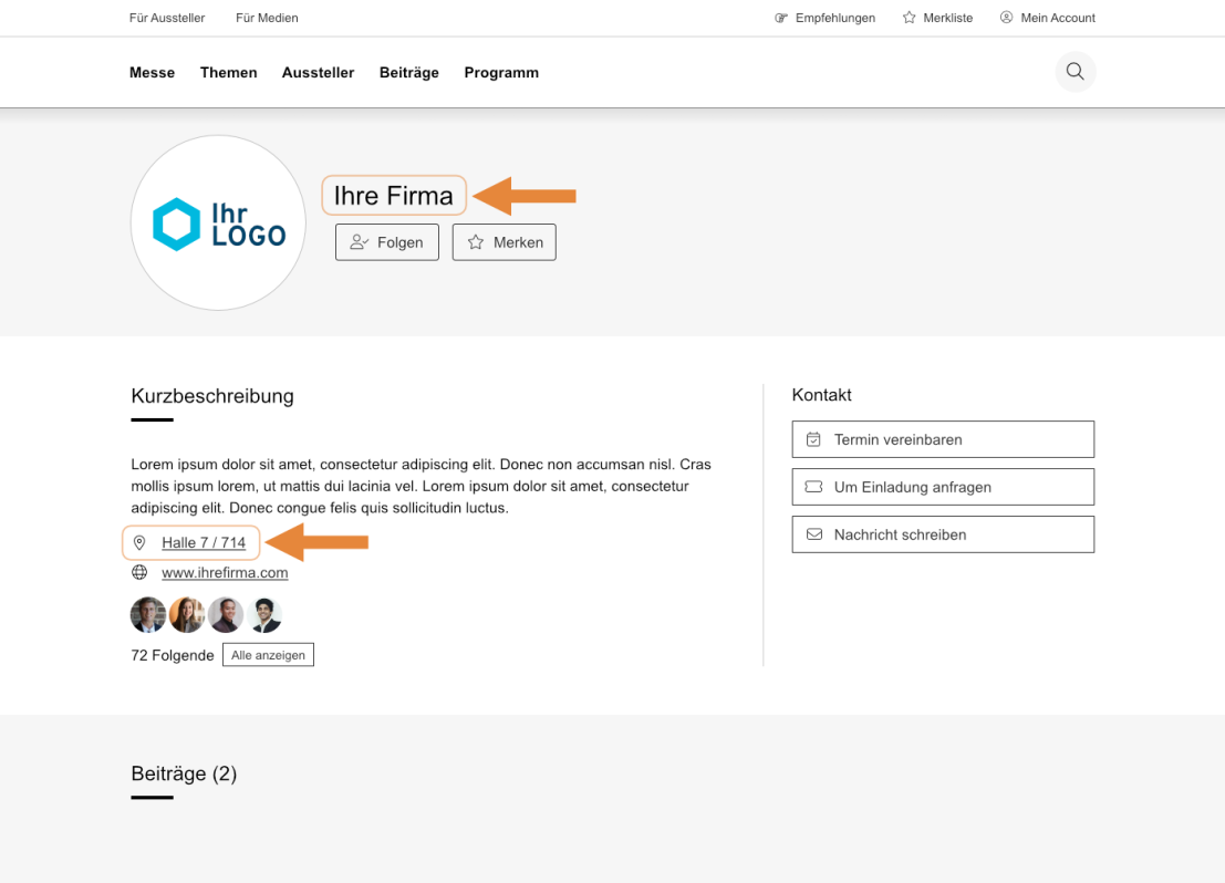 Ein Beispiel für eine Unternehmensprofilseite enthält ein Logo, den Firmennamen „Ihre Firma“, Kontaktmöglichkeiten, die Anzahl der Follower (7.174), einen Website-Link sowie Abschnitte für Beschreibungen und Beiträge. Orangefarbene Pfeile markieren den Firmennamen und die Followerzahl.