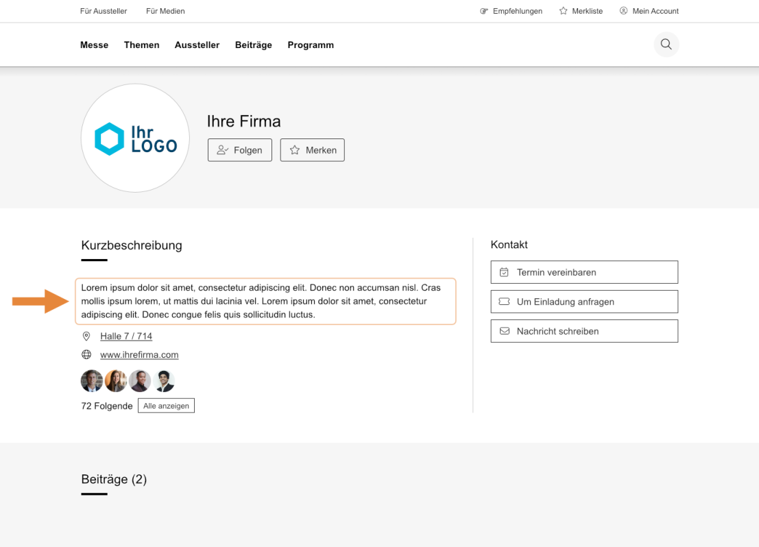 Screenshot einer deutschen Firmenprofilseite mit Logo, Firmennamen, Kontaktdaten, einer kurzen Beschreibung mit Platzhaltertext und einem orangefarbenen Pfeil, der auf die Beschreibung zeigt.