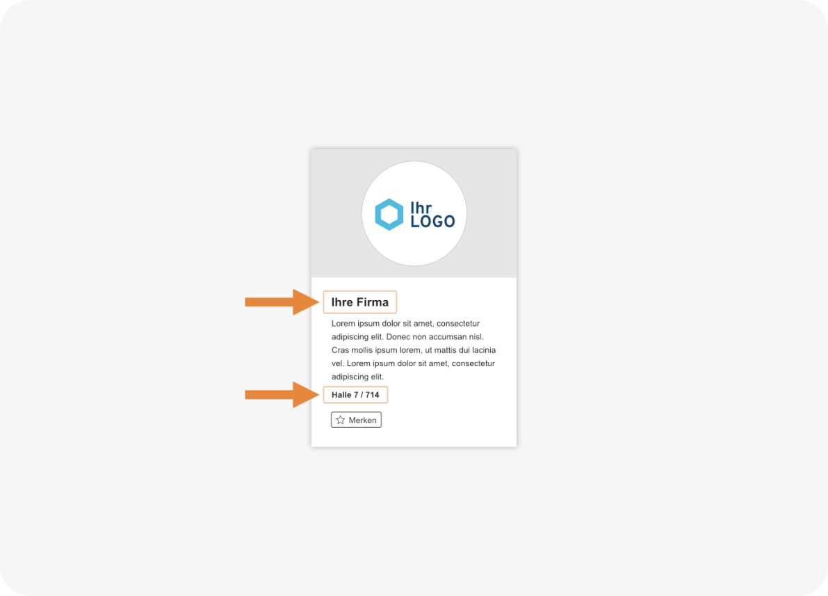 Eine digitale Profilkarte zeigt ein sechseckiges Logo mit der Aufschrift „Ihr Logo“, den Firmennamen „Ihre Firma“, einen beschreibenden Text und unten eine Schaltfläche „Haker 1/714“. Zwei orangefarbene Pfeile zeigen auf den Firmennamen und die Schaltfläche.