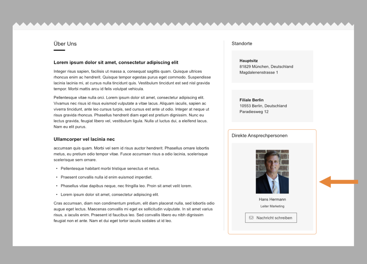 Ein Bereich der Unternehmenswebsite mit Unternehmensinformationen auf der linken Seite und einer Kontaktkarte auf der rechten Seite, auf der ein Mann im Anzug namens Hans Hermann, Marketingmanager, mit einer Schaltfläche mit der Aufschrift „Nachricht senden“ zu sehen ist.