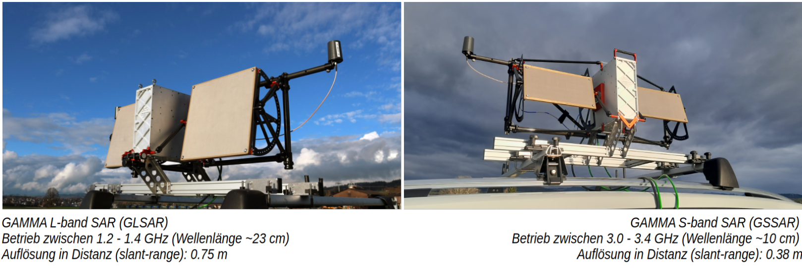 Zwei verschiedene Radarsysteme sind auf Fahrzeugen im Freien montiert: links ein GAMMA L-Band SAR mit rechteckigen Antennen, rechts ein GAMMA S-Band SAR mit zwei Antennen und einer zentralen Steuereinheit bei bewölktem Himmel.