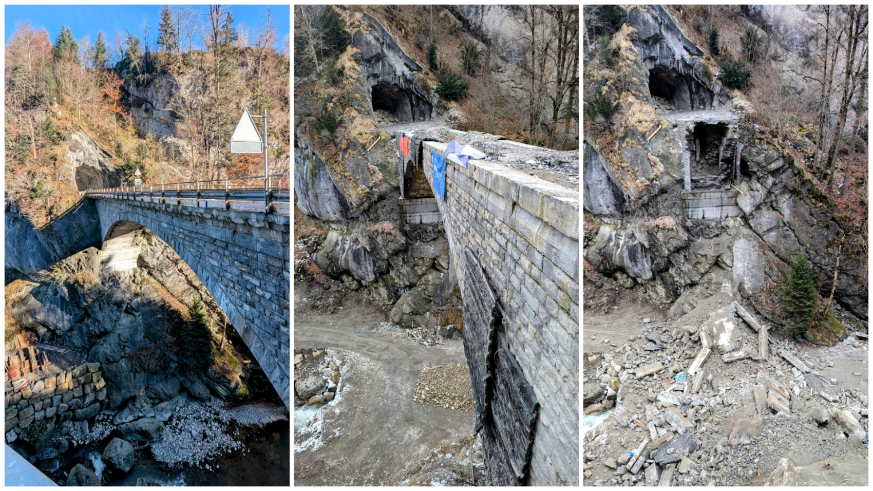 Drei Fotos zeigen eine Steinbrücke über eine felsige Flussschlucht. Das erste Bild zeigt die intakte Brücke, die nächsten beiden zeigen einen Teileinsturz mit zerbrochenem Mauerwerk und darunter verstreuten Trümmern.